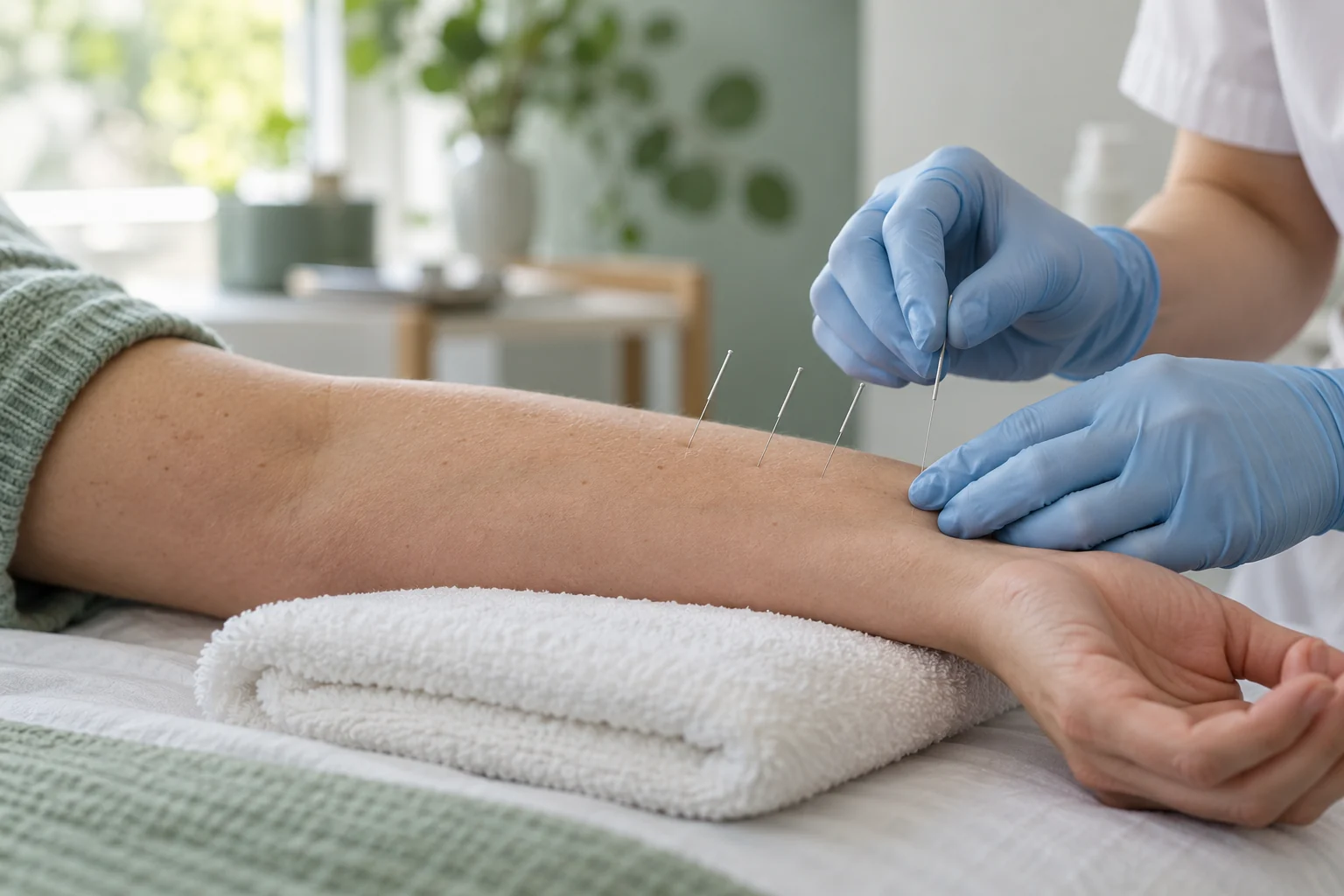 AI illustration of fine acupuncture needles in an adult forearm