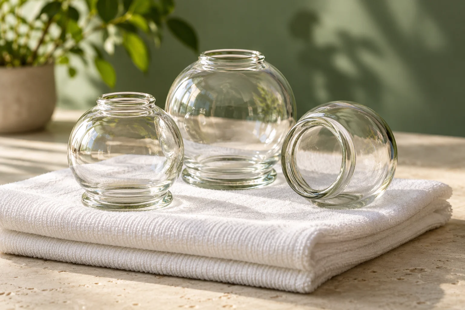 Illustrative glass cupping equipment on clean white linen