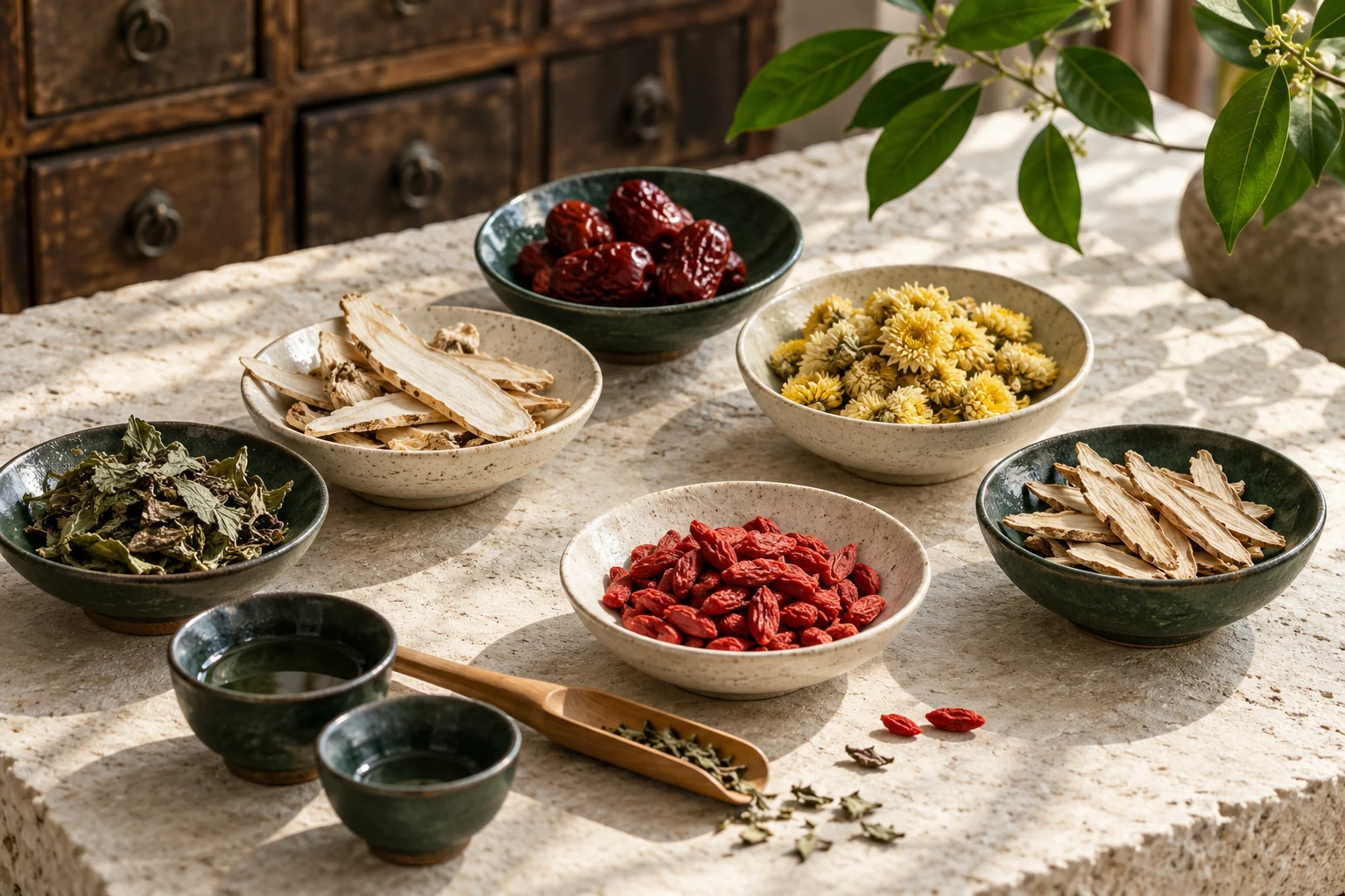 Illustrative dried Chinese botanicals arranged in ceramic dishes